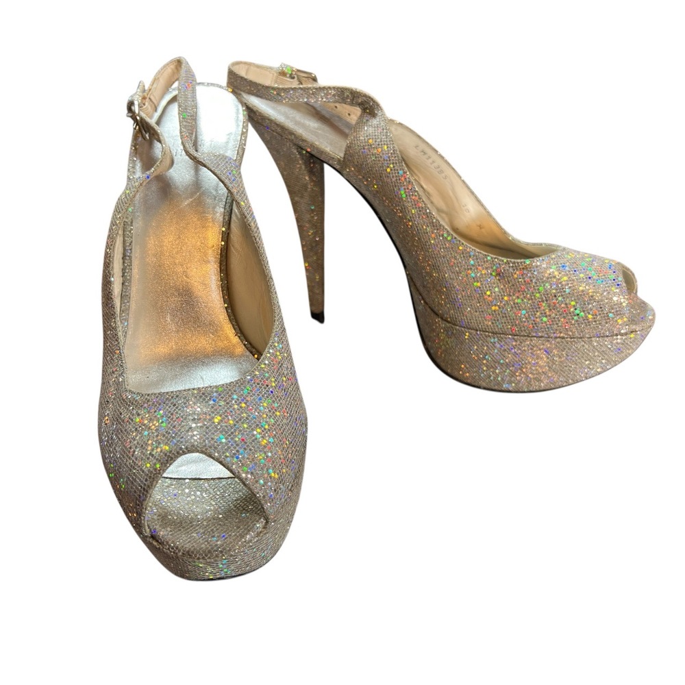 Stuart Weitzman Heels Silver Glitter Peep Toe Platform Slingback US 10